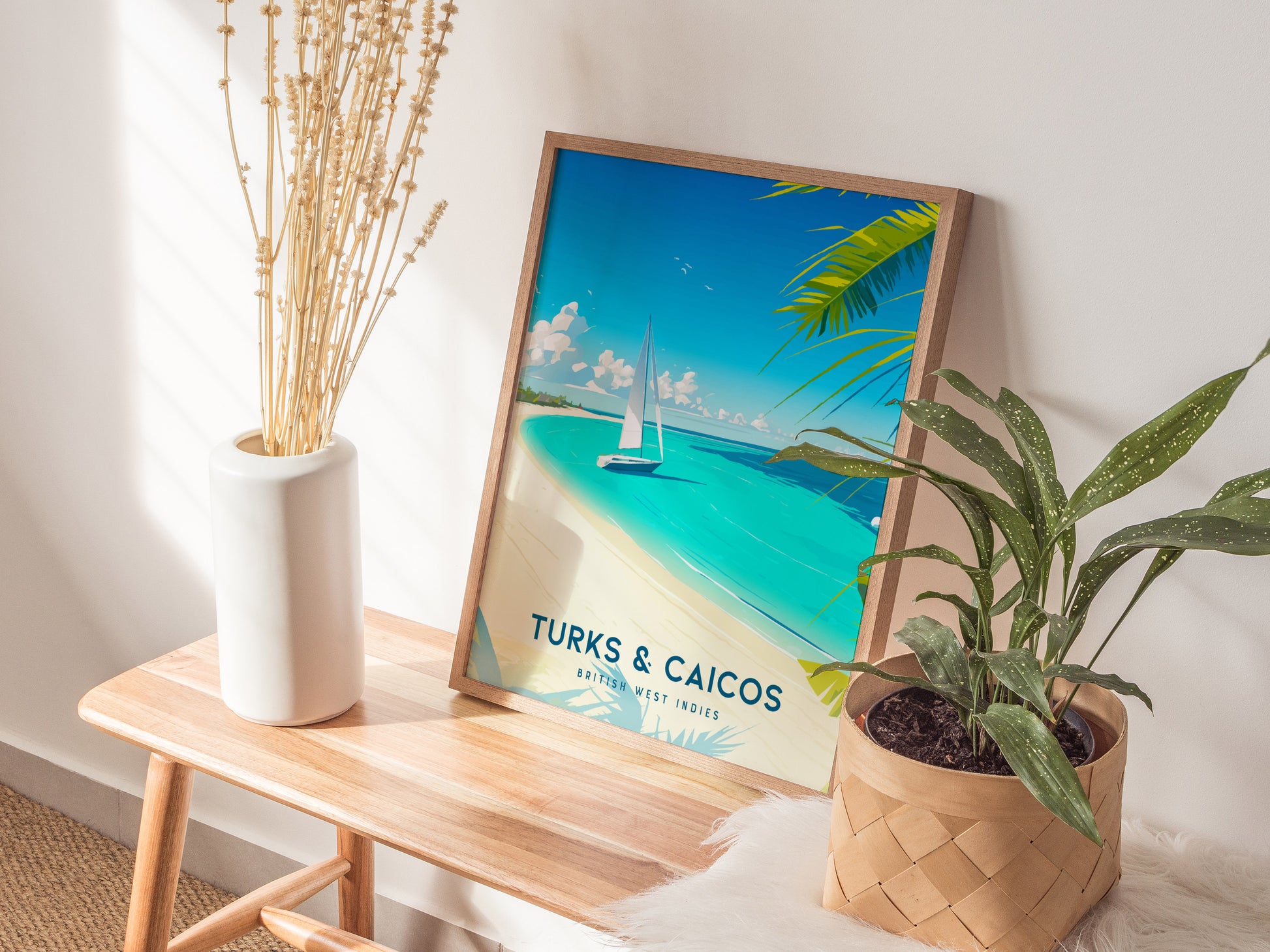 Vibrant Turks & Caicos beach poster featuring a sailboat on turquoise waters, framed by palm fronds and a sunny sandy beach.
