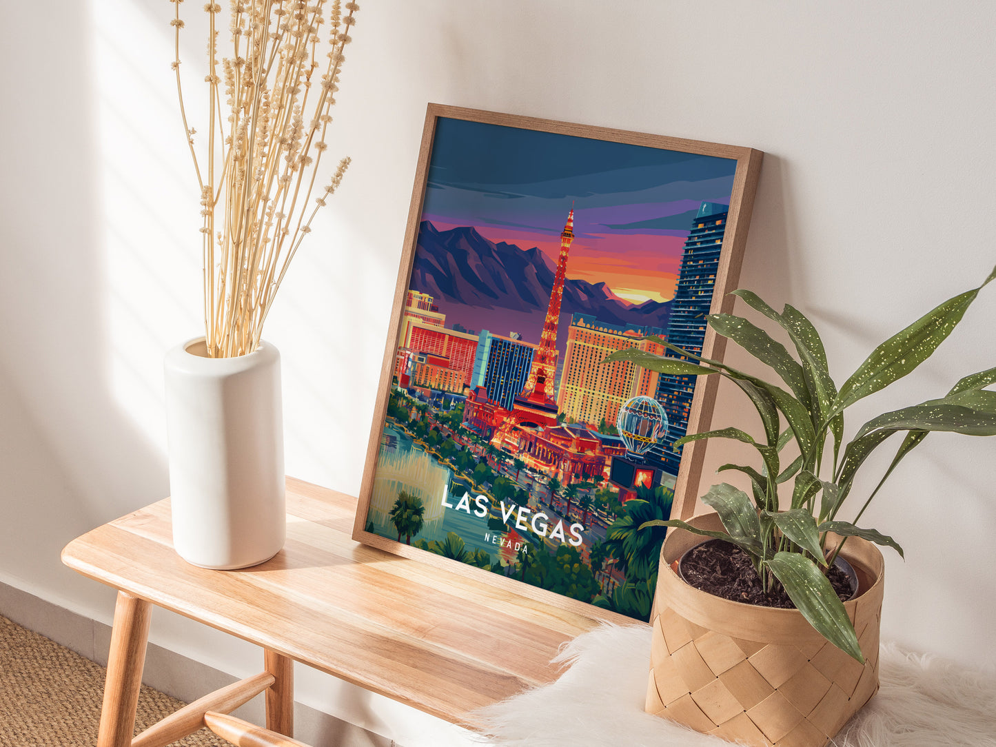 Las Vegas, Nevada Poster | Neon Lights & Desert Skyline Wall Art — styled in a modern interior