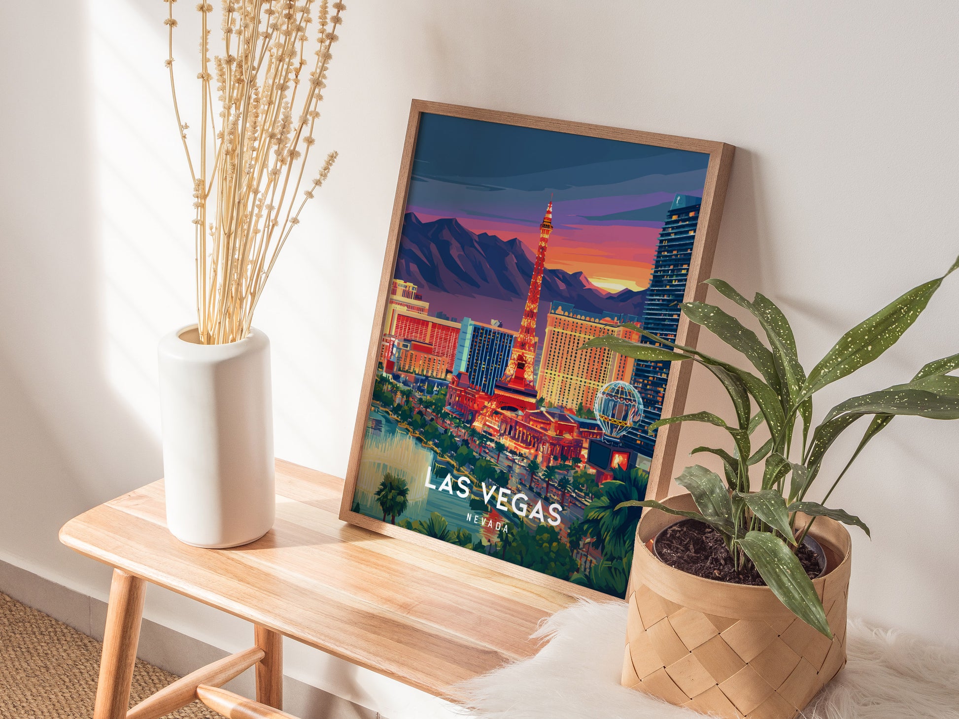 Las Vegas, Nevada Poster | Neon Lights & Desert Skyline Wall Art — styled in a modern interior