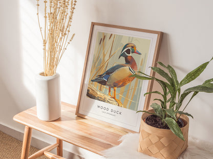 Framed wood duck art print in vibrant colors, showcasing detailed plumage and tranquil marsh setting, perfect for nature lovers.