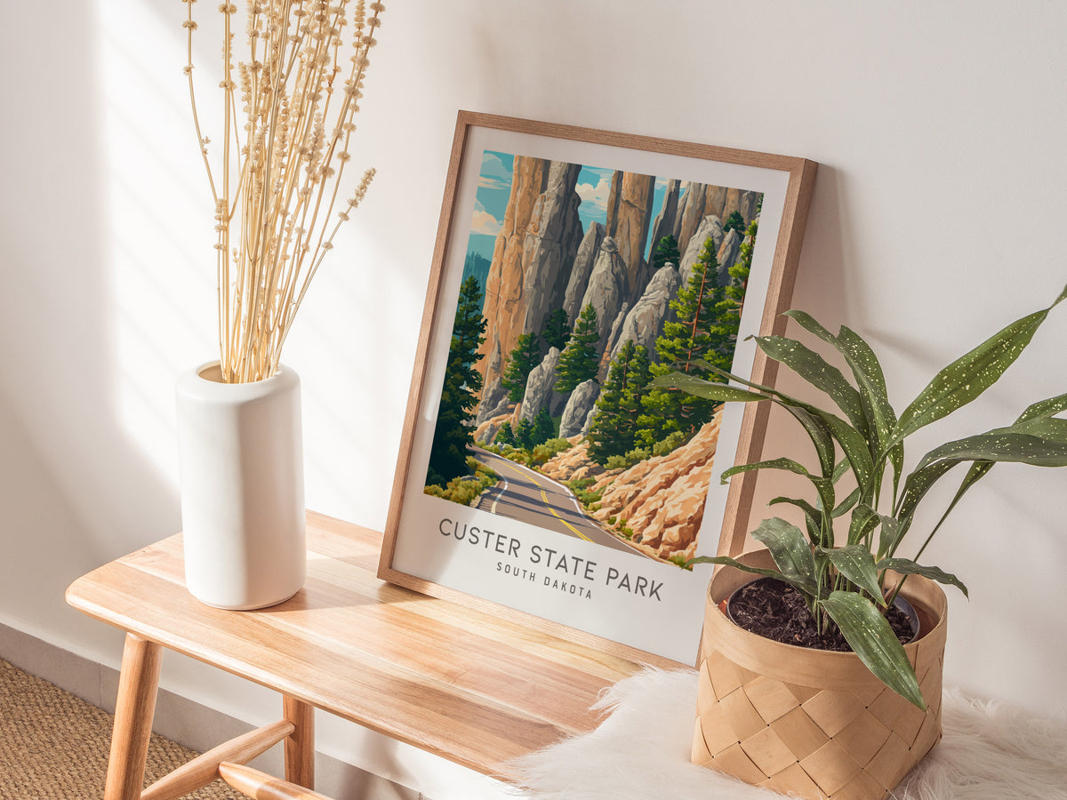 Custer State Park Matte Border Poster | South Dakota Travel Gift Vacation Wall Art — styled in a modern interior