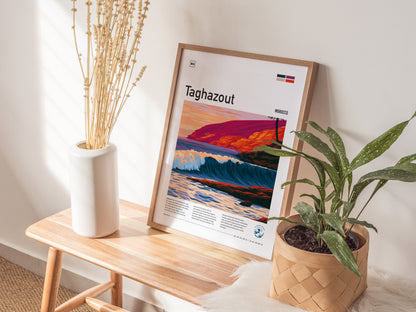 Taghazout, Morocco Poster | Sun-Kissed Surf Village Wall Art — styled in a modern interior