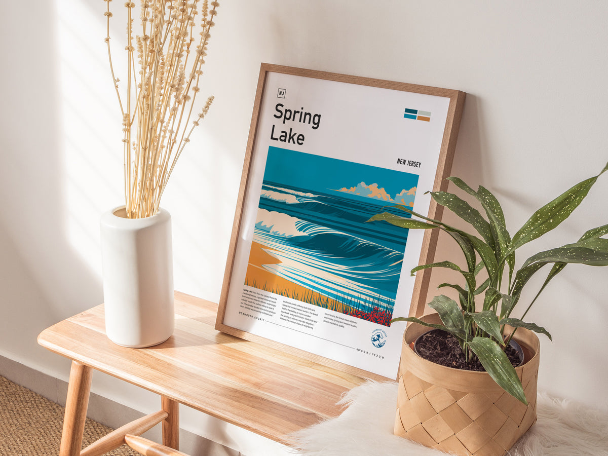 Spring Lake, New Jersey Poster | Surf Wall Art & Coastal Charm Print — styled in a modern interior