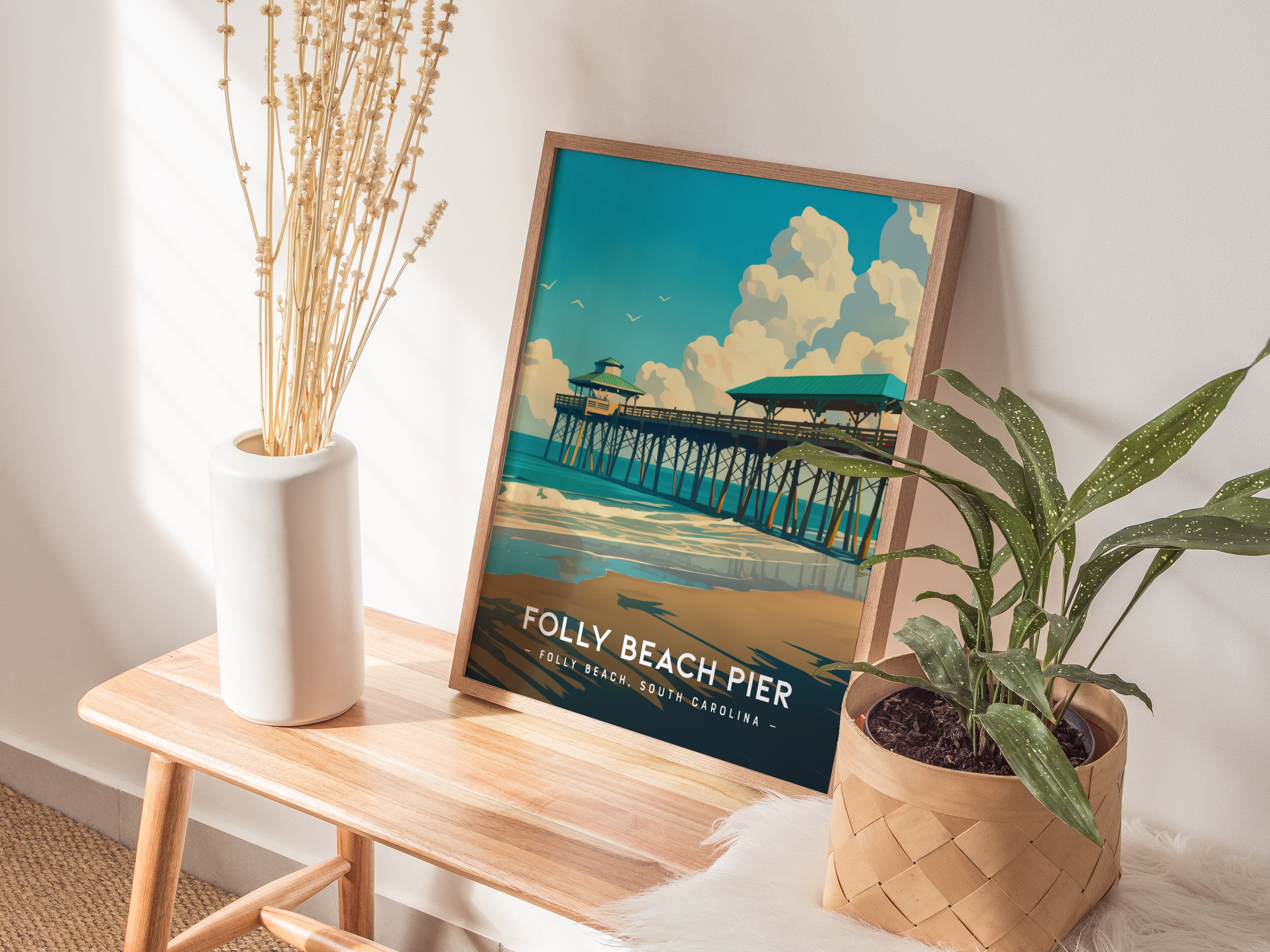Folly Beach Pier Poster | South Carolina Fishing Wall Art | Framed