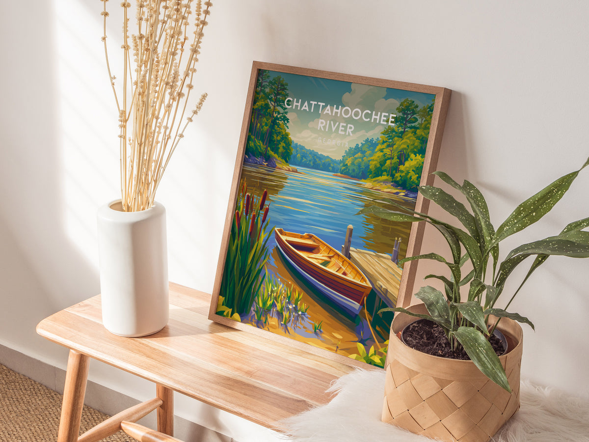 Chattahoochee River, Georgia Poster | Tropical Beach Print Beach House Decor Wall Art — styled in a modern interior