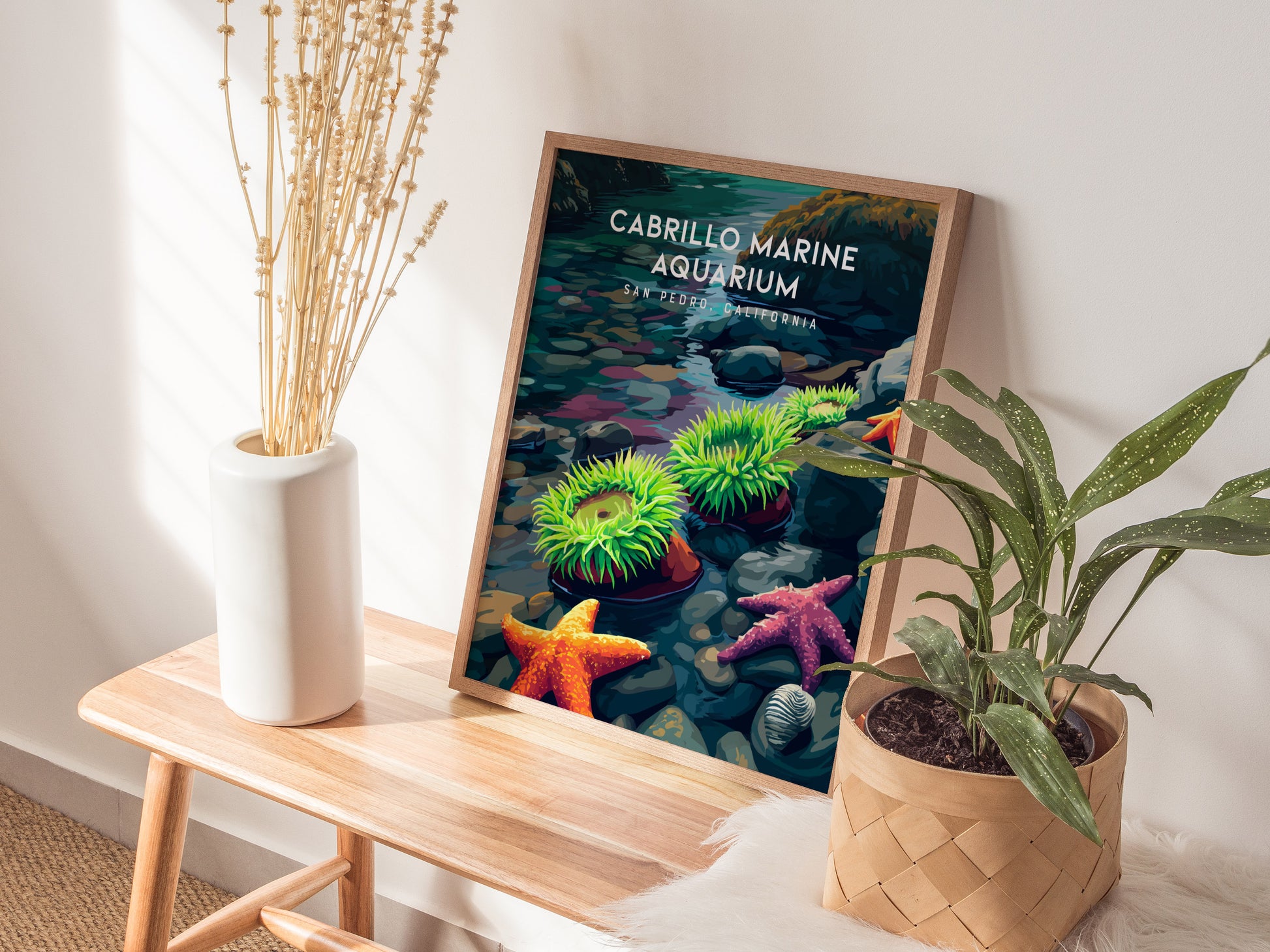Cabrillo Marine Aquarium, California Poster | Ocean Discovery & Tide Pool Wall Art — styled in a modern interior