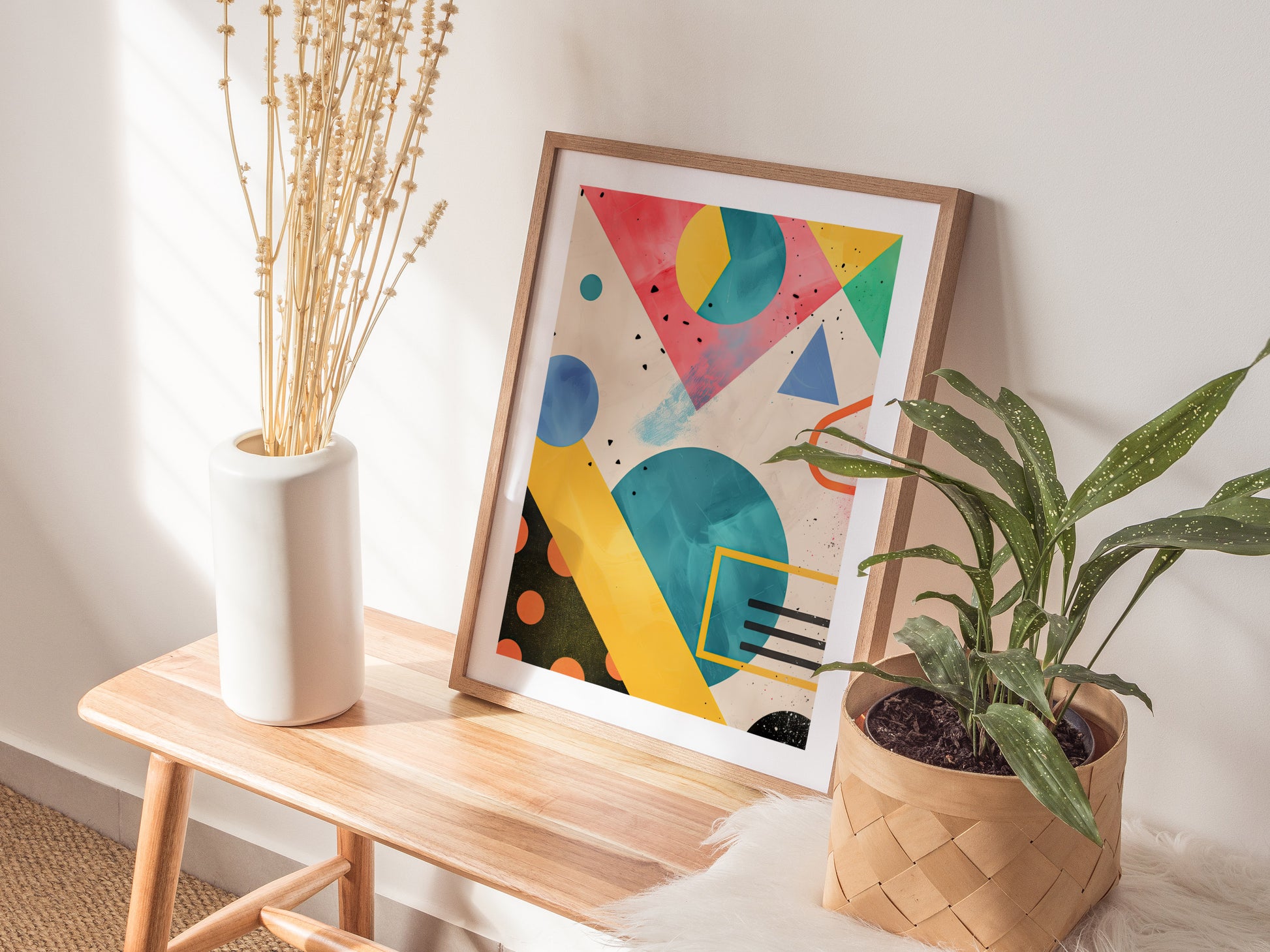 A framed abstract art print with colorful geometric shapes leans against a wall on a wooden table, accompanied by a white vase with dried flowers and a potted green plant.