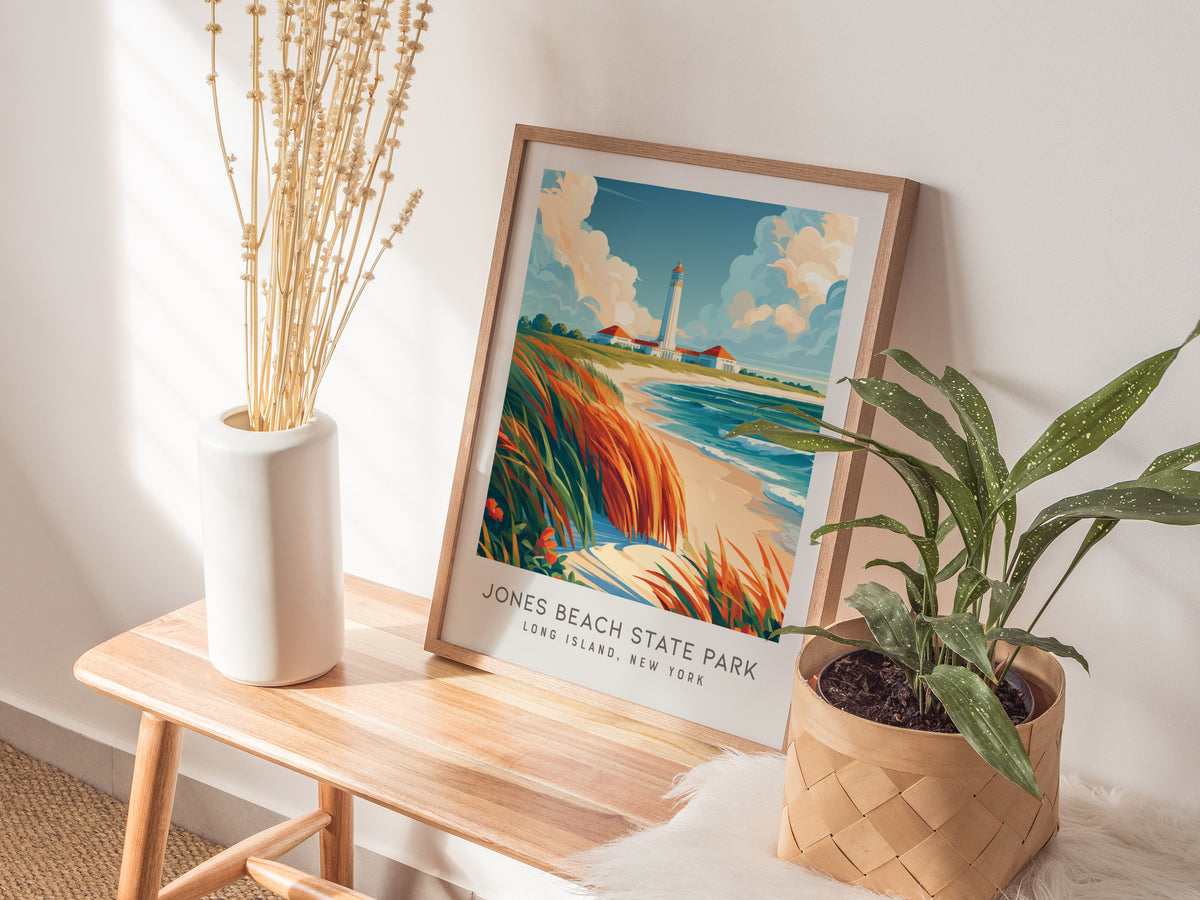Jones Beach State Park Matte Border Poster | Long Island, New York Coastal Beach Decor — styled in a modern interior
