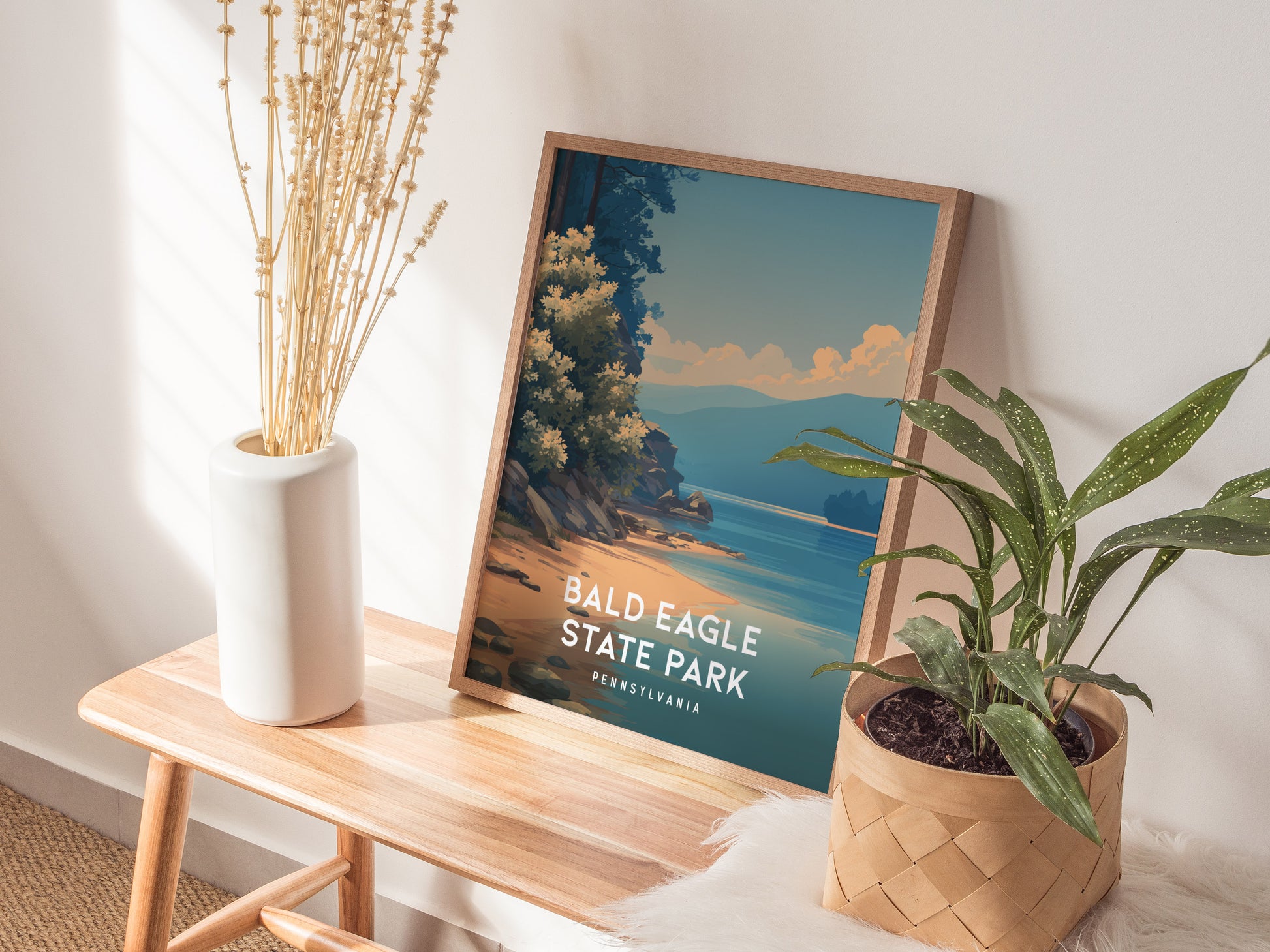 Bald Eagle State Park, Pennsylvania Poster | Eagle Soaring Over Mountain Lake Wall Art — styled in a modern interior