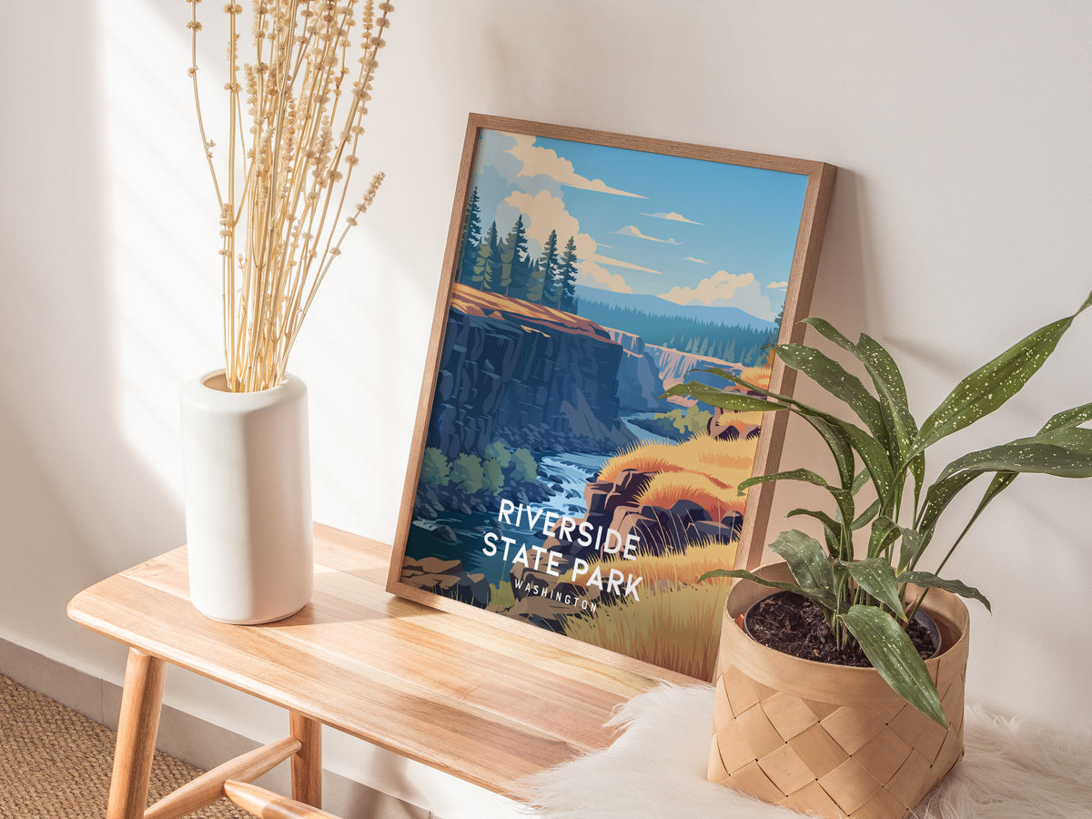Riverside State Park, Washington Poster | Scenic River Trail Destination Print Wall Art — styled in a modern interior