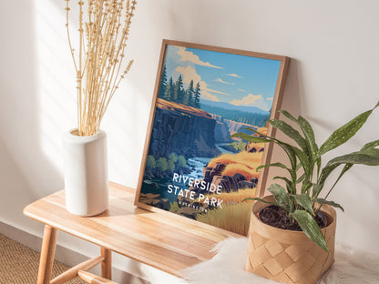 Riverside State Park, Washington Poster | Scenic River Trail Destination Print Wall Art — styled in a modern interior