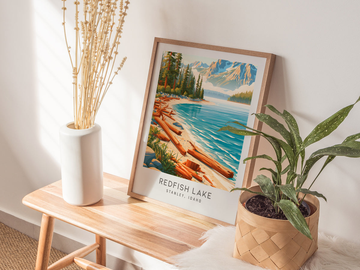 Redfish Lake Matte Border Poster | Stanley, Idaho Travel Wall Art — styled in a modern interior