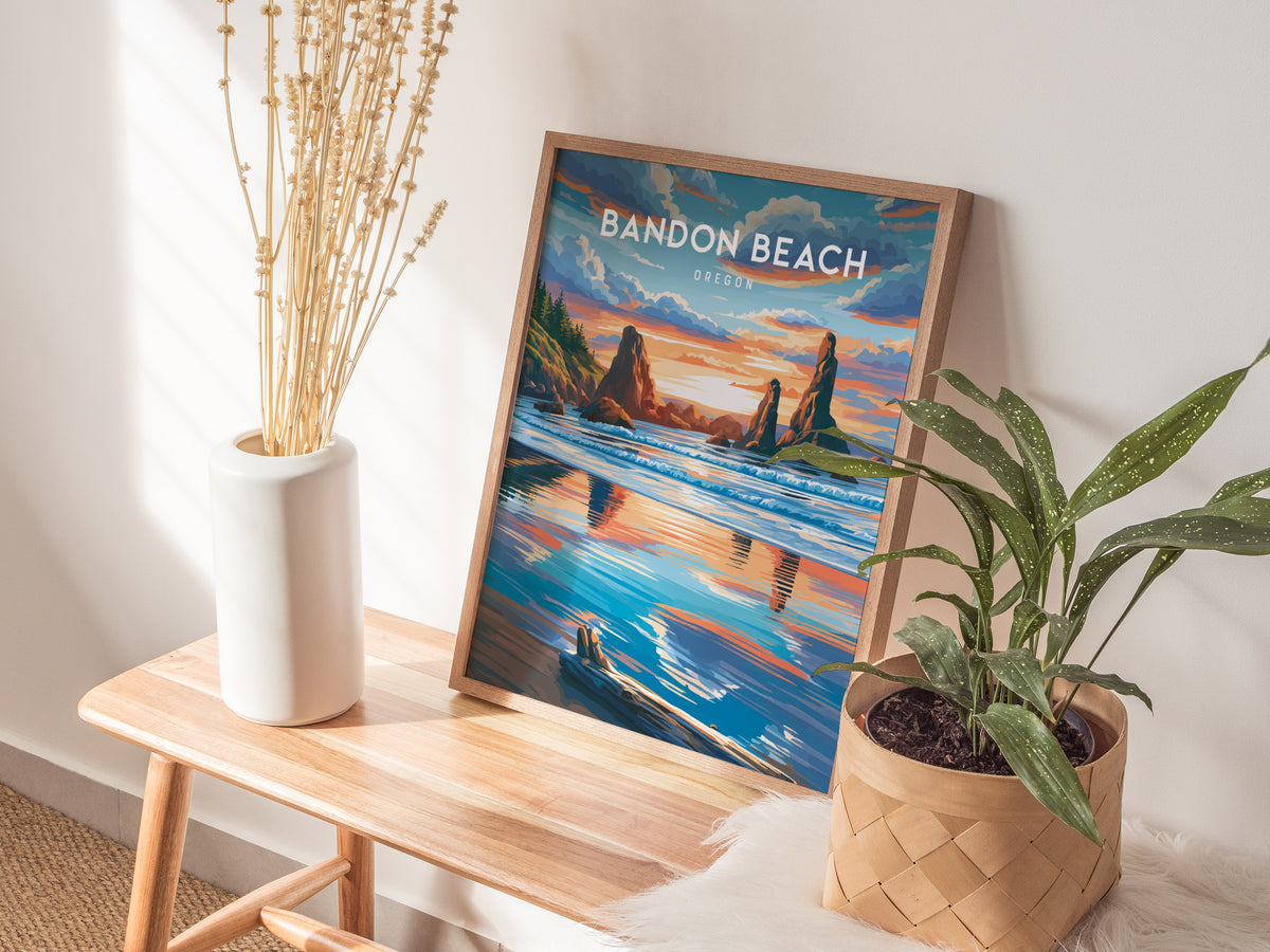 Bandon Beach, Oregon Poster | Sea Stacks & Sunset Travel Wall Art — styled in a modern interior