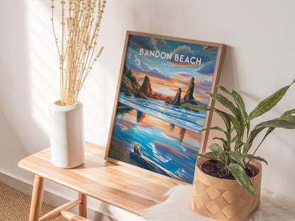 Bandon Beach, Oregon Poster | Sea Stacks & Sunset Travel Wall Art — styled in a modern interior