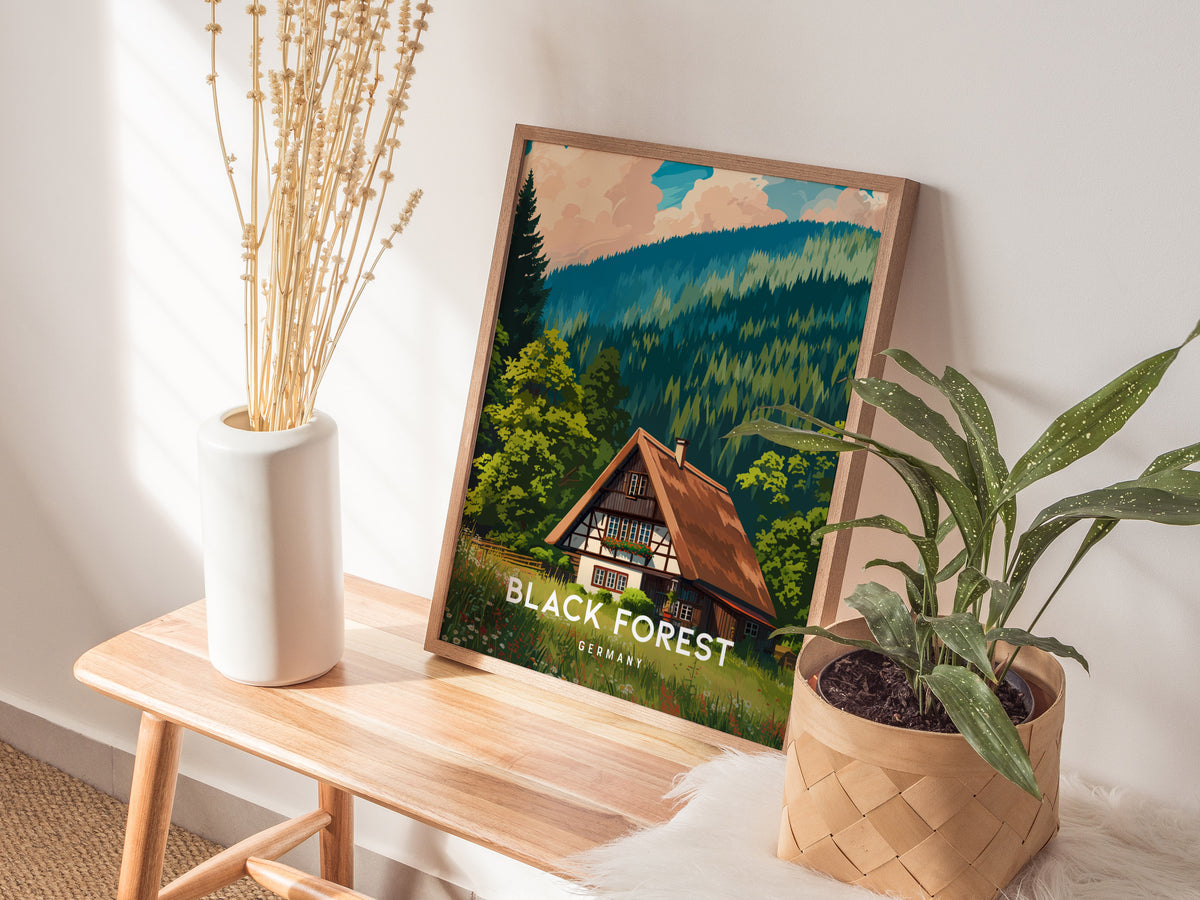 Black Forest, Germany Poster | Enchanted Woodland Destination Print Wall Art — styled in a modern interior