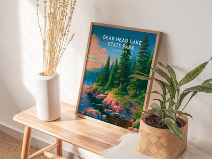 Bear Head Lake State Park, Minnesota Poster | Northwoods Lakeside Wilderness Wall Art — styled in a modern interior