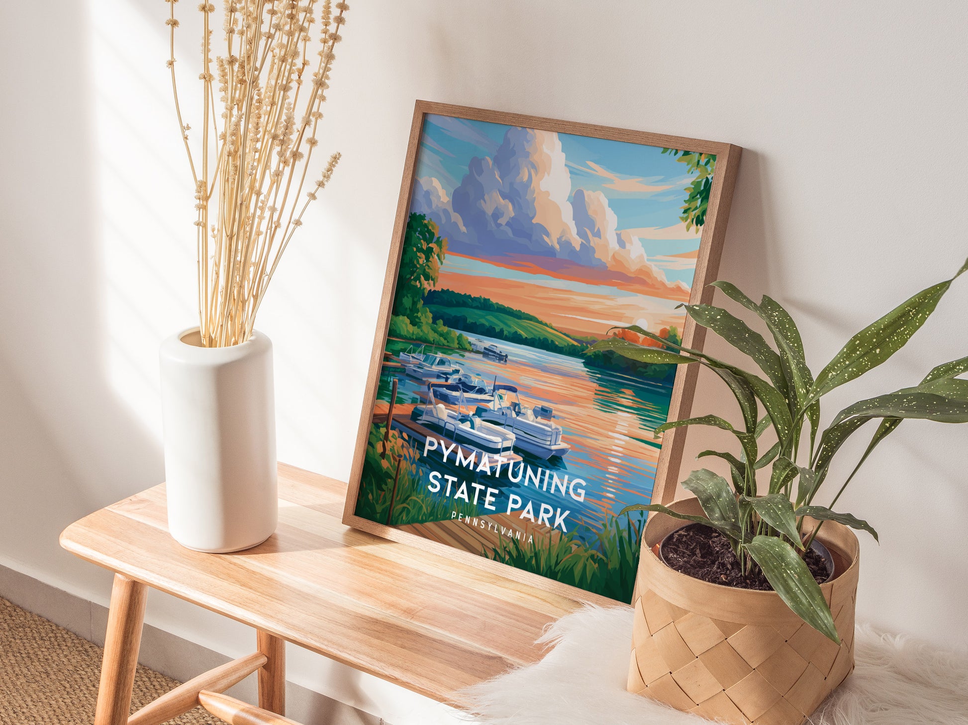Pymatuning State Park, Pennsylvania Poster | Lakeside Geese & Spillway Wall Art — styled in a modern interior