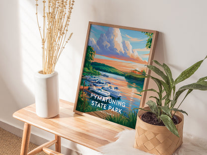 Pymatuning State Park, Pennsylvania Poster | Lakeside Geese & Spillway Wall Art — styled in a modern interior