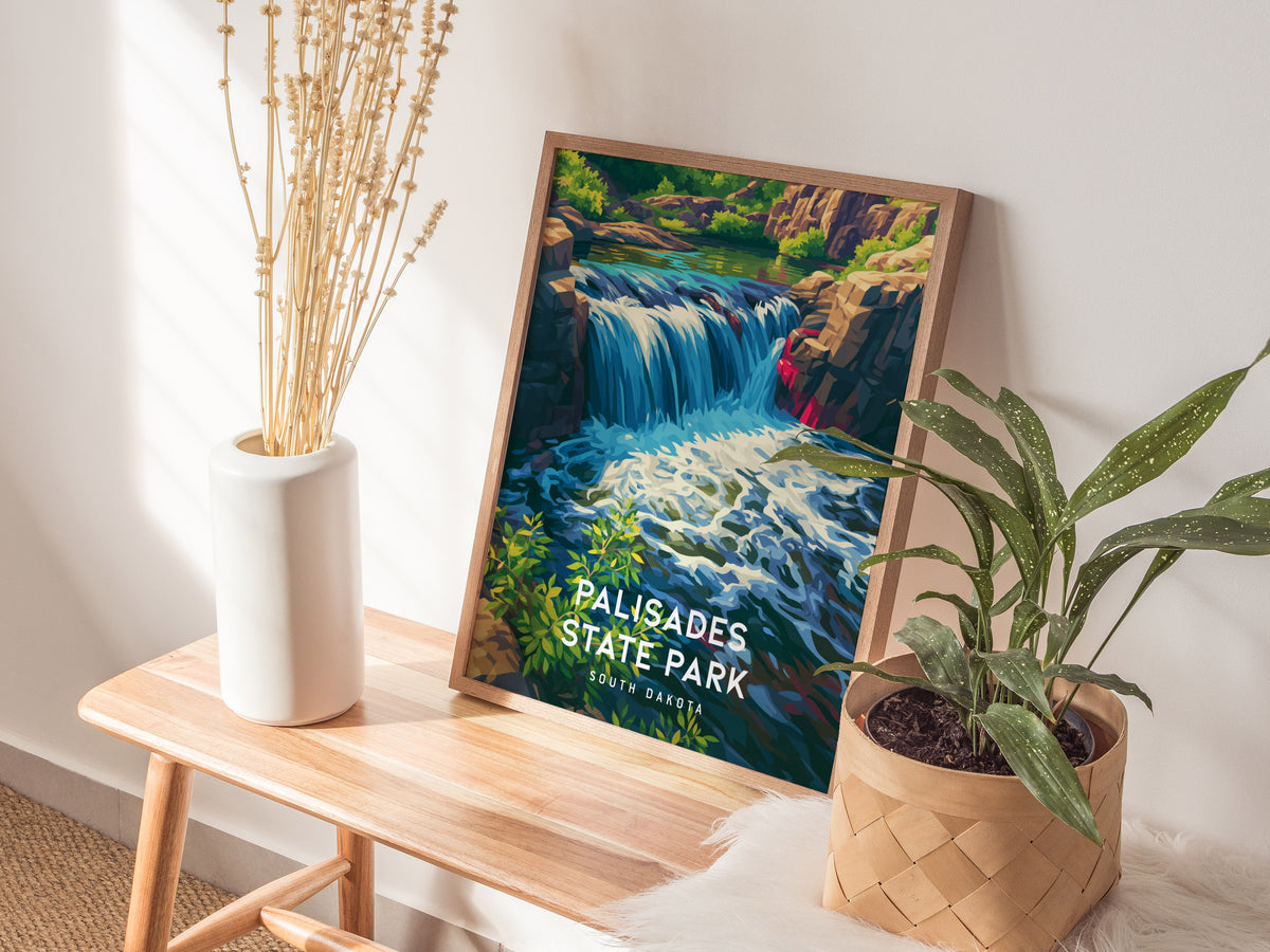 Palisades State Park, South Dakota Poster | Rugged Cliffs & Creek Adventure Wall Art — styled in a modern interior