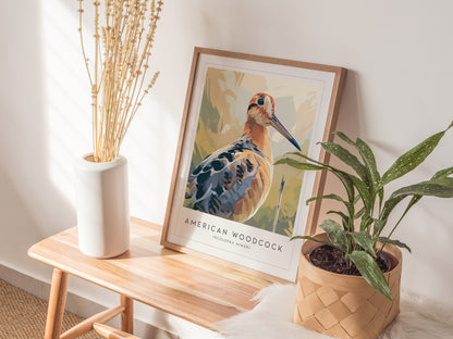 American Woodcock Poster | Woodland Shorebird Nature Illustration Wall Art — styled in a modern interior