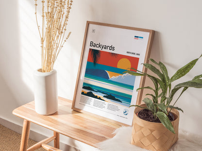 Backyards, Hawaii Poster | Tropical Surf Break Paradise Wall Art — styled in a modern interior