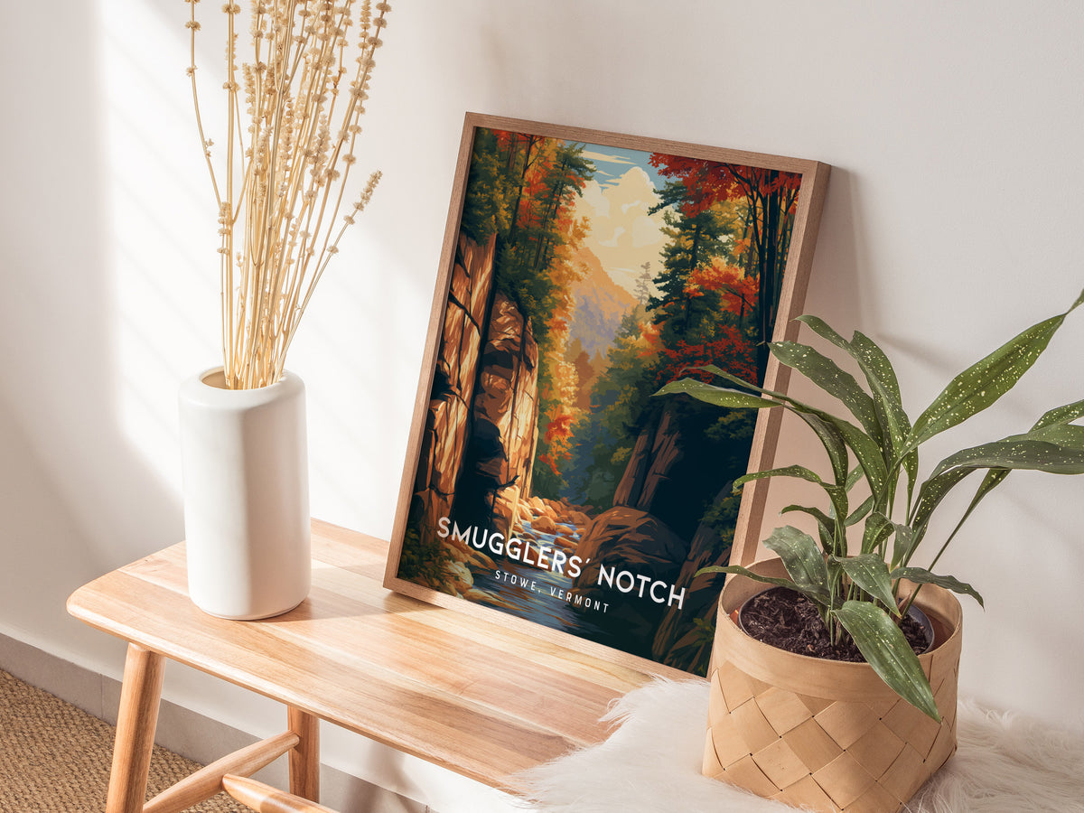 Smugglers' Notch, Stowe, Vermont Poster | Mountain Pass Destination Print Wall Art — styled in a modern interior