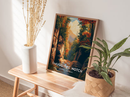 Smugglers' Notch, Stowe, Vermont Poster | Mountain Pass Destination Print Wall Art — styled in a modern interior