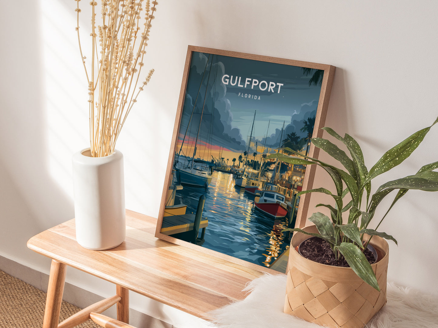 Gulfport, Florida Poster | Charming Waterfront Village Sunset Wall Art — styled in a modern interior