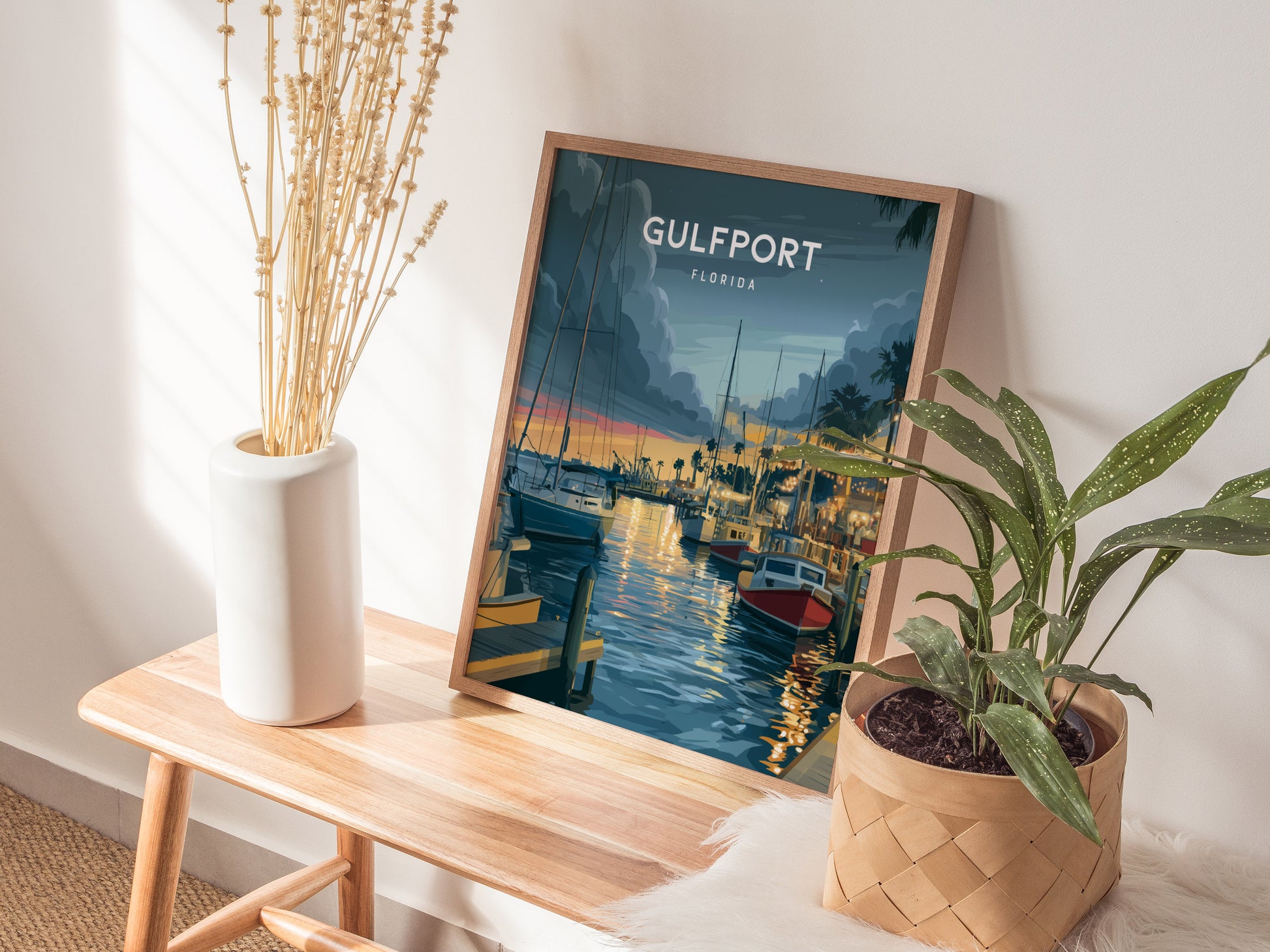 Gulfport, Florida Poster | Charming Waterfront Village Sunset Wall Art — styled in a modern interior