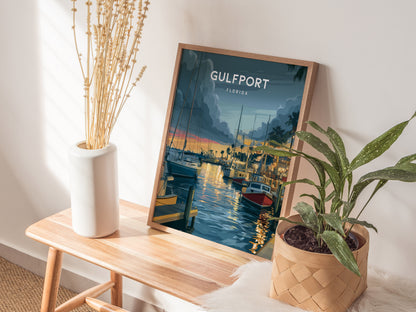 Gulfport, Florida Poster | Charming Waterfront Village Sunset Wall Art — styled in a modern interior