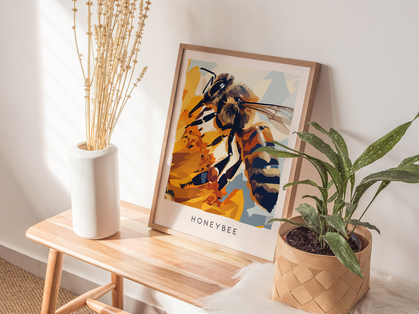 Honeybee, Wildlife Poster | Golden Pollinator Botanical Garden Wall Art — styled in a modern interior
