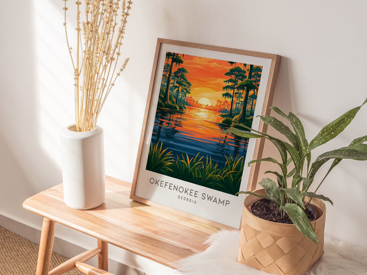 Okefenokee Swamp Matte Border Poster | Georgia Vacation Wall Art Framed or Unframed — styled in a modern interior