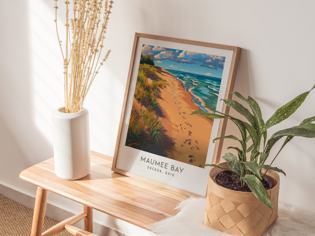 Maumee Bay Matte Border Poster | Oregon, Ohio Coastal Beach Decor Travel Wall Art — styled in a modern interior