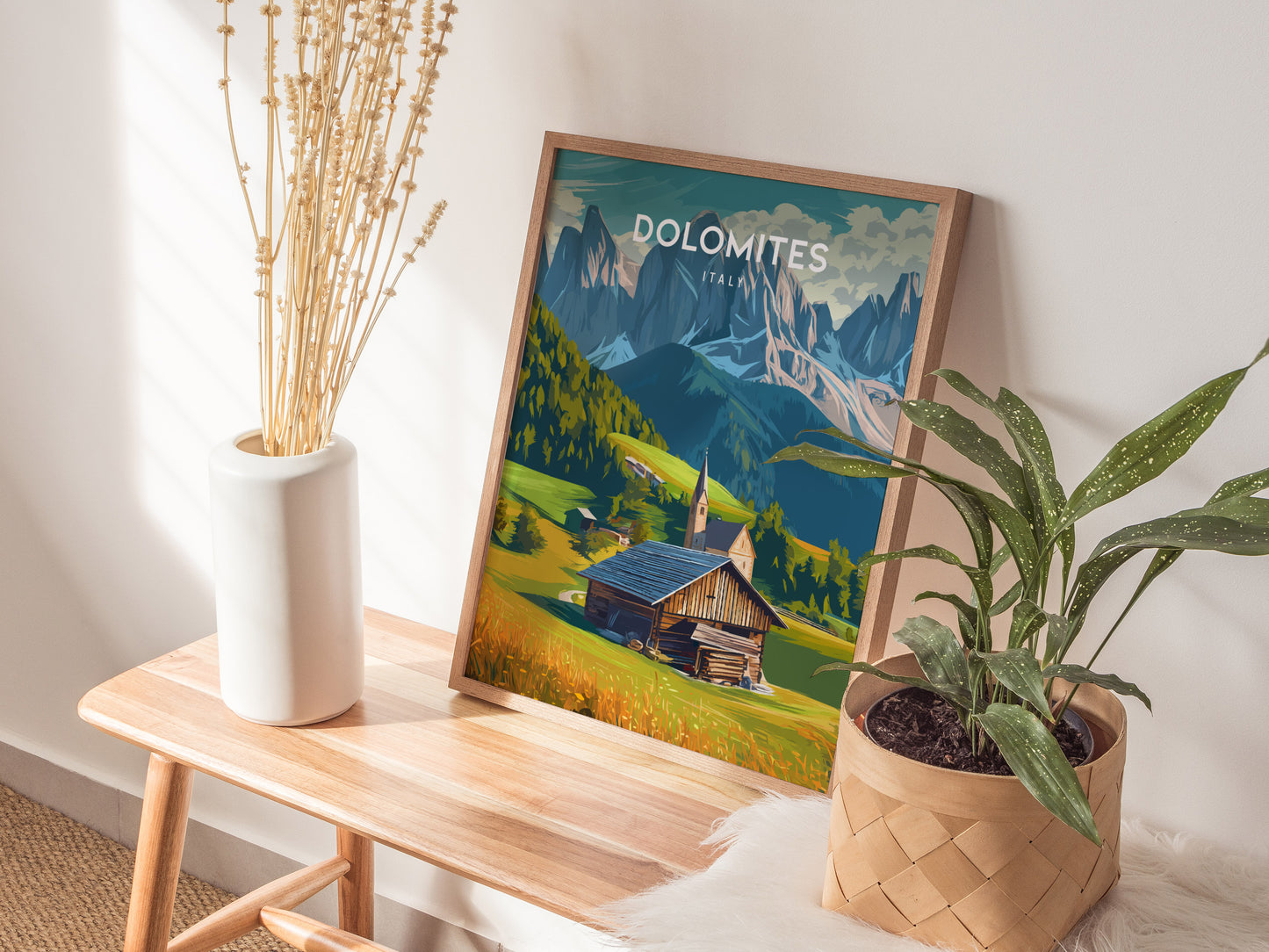 Dolomites, Italy Poster | Alpine Peaks & Meadow Travel Wall Art — styled in a modern interior