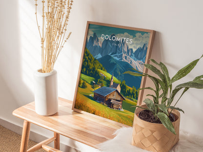 Dolomites, Italy Poster | Alpine Peaks & Meadow Travel Wall Art — styled in a modern interior