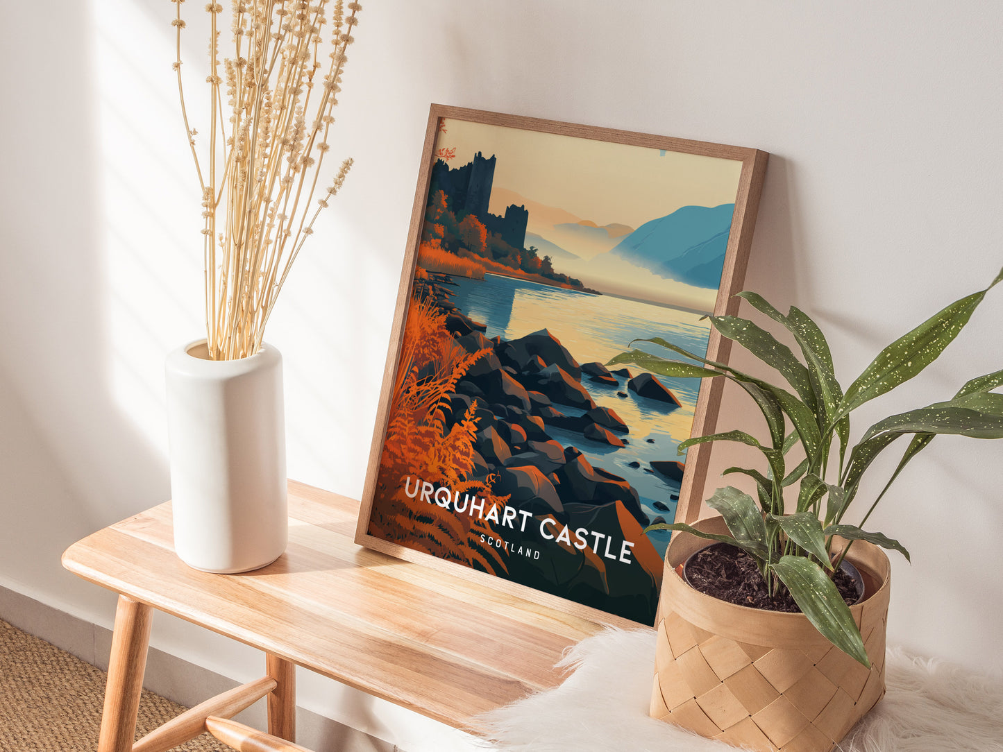 Urquhart Castle, Scotland Poster | Loch Ness Highland Ruins Wall Art — styled in a modern interior