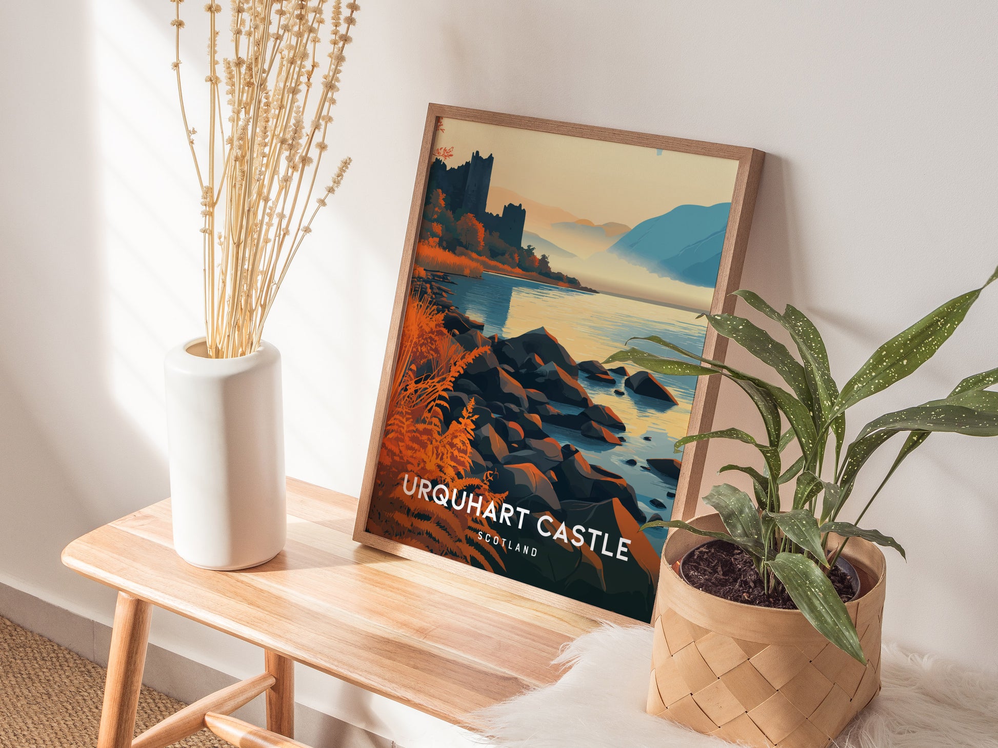 Urquhart Castle, Scotland Poster | Loch Ness Highland Ruins Wall Art — styled in a modern interior