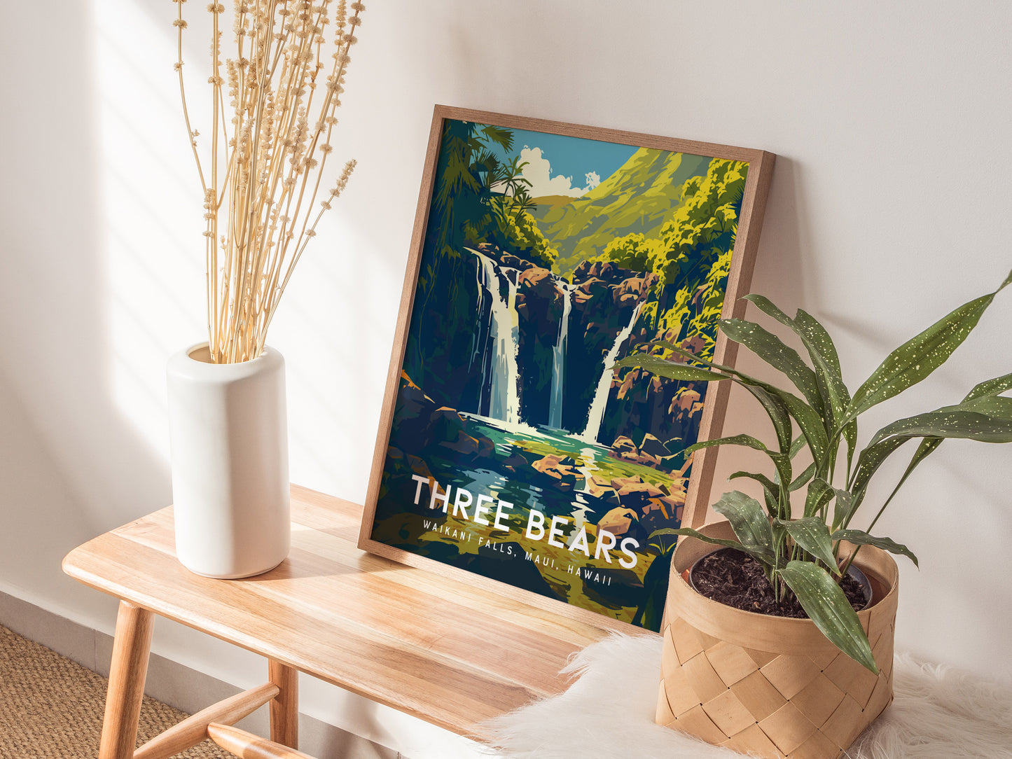 Three Bears Falls Poster | Maui Waterfall Art | Road to Hana Gift
