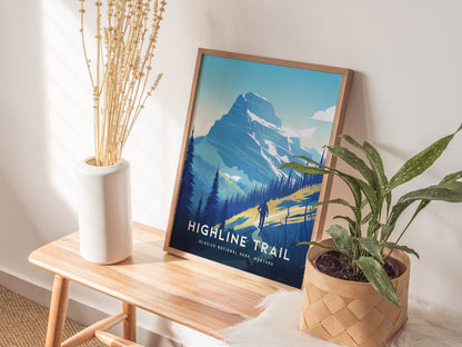 A framed Highline Trail poster leans against a wall on a wooden bench, accompanied by a white vase with dried flowers and a potted plant.