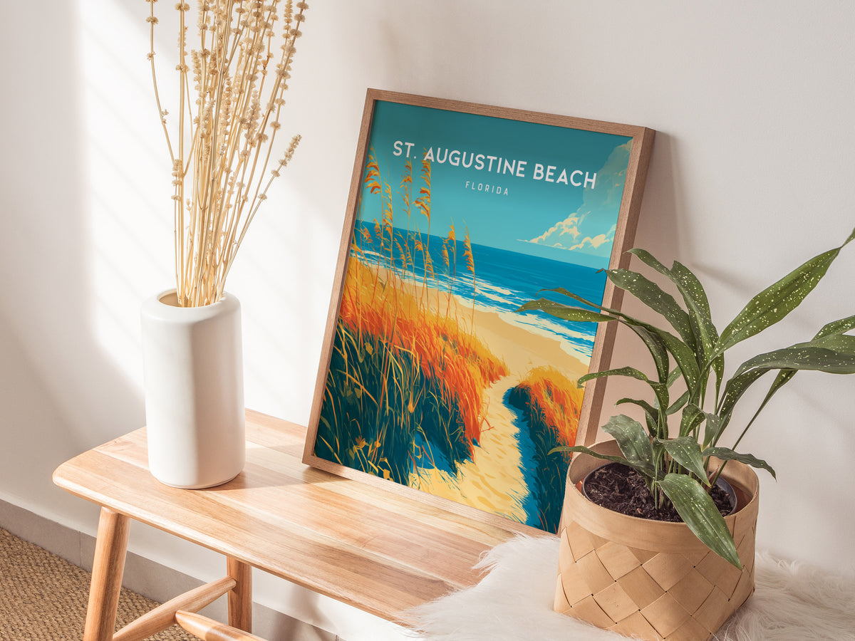 St. Augustine Beach, Florida Poster | Sun-Kissed Shores & Pier Wall Art — styled in a modern interior