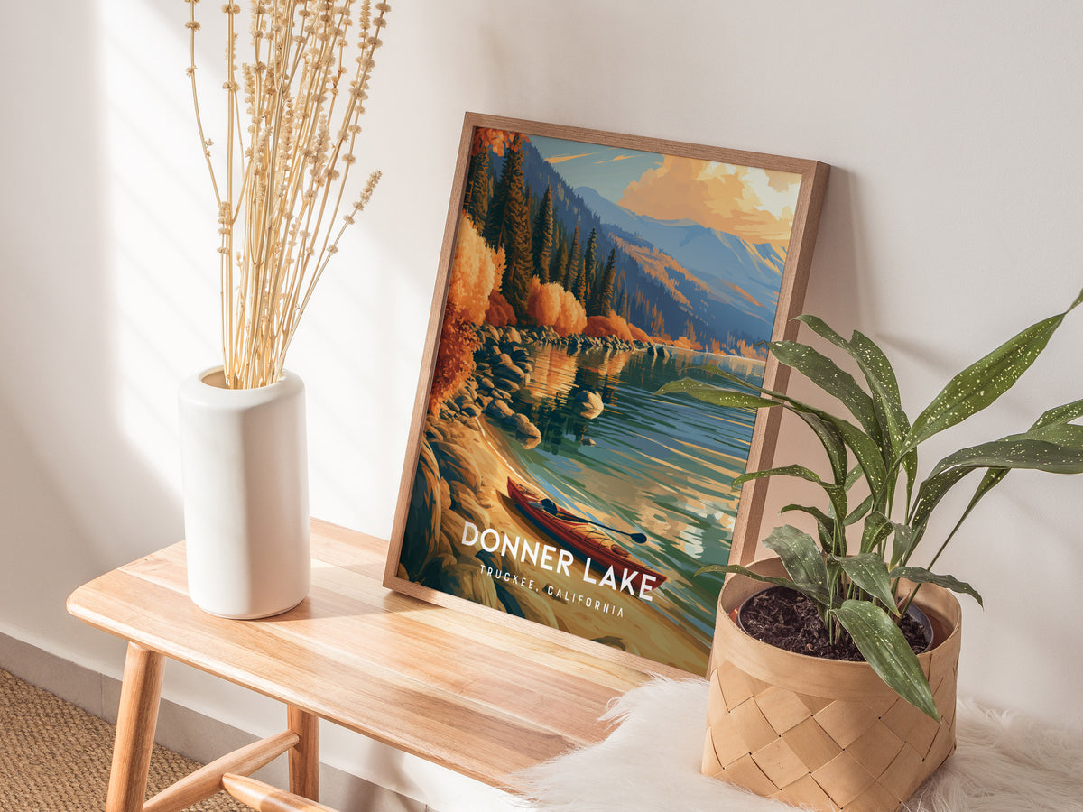 Donner Lake, Truckee, California Poster | Mountain Lake Travel Wall Art — styled in a modern interior