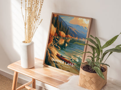 Donner Lake, Truckee, California Poster | Mountain Lake Travel Wall Art — styled in a modern interior