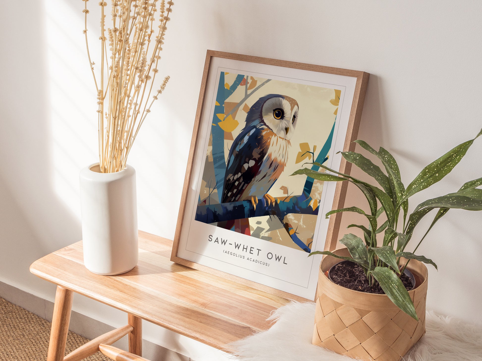 Saw-whet Owl Poster | Northern Forest Bird Art | Cabin Decor