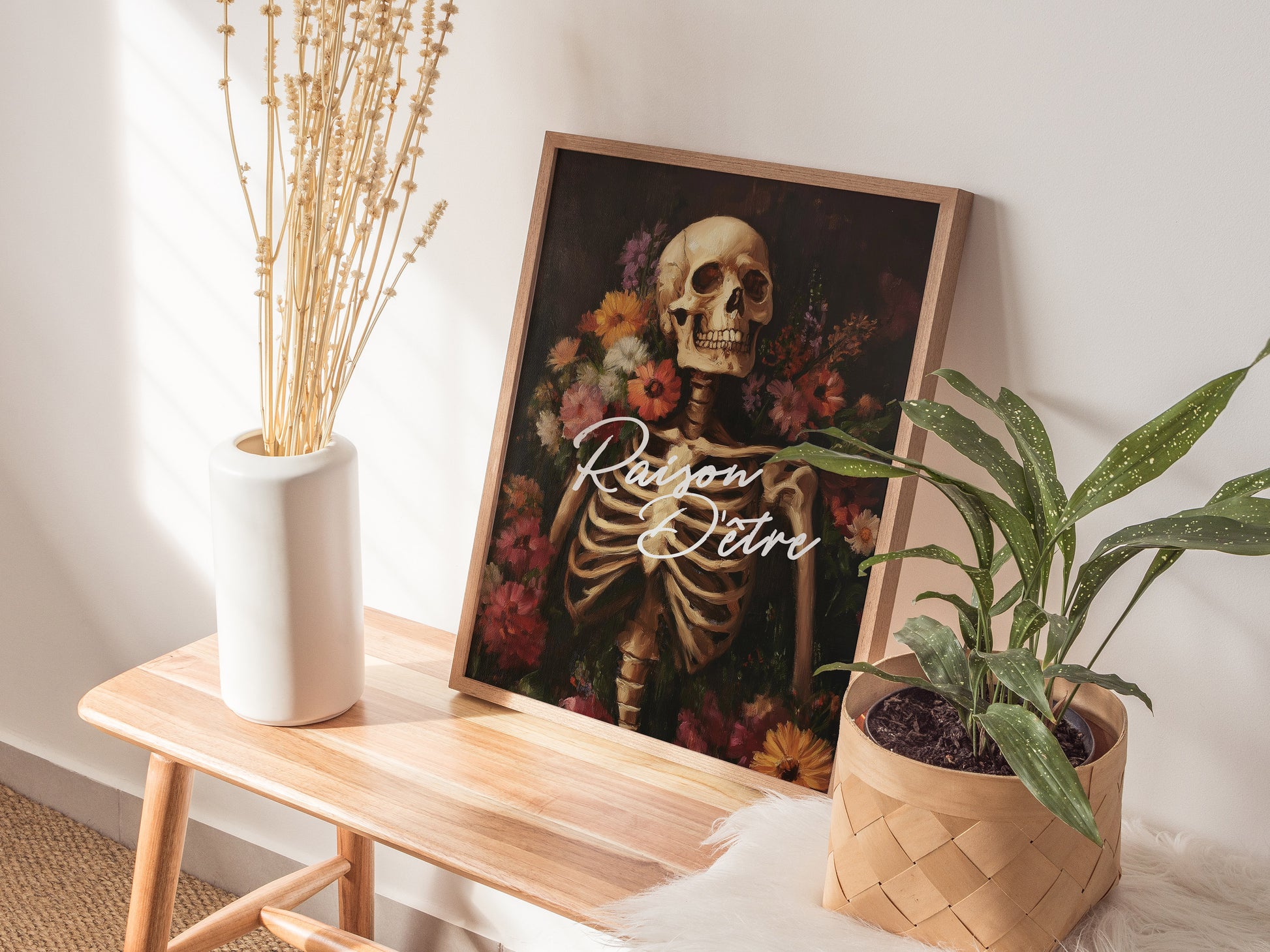 Raison d’Être Skeleton Art Print – Dark Academia Gothic Floral Wall Decor, Memento Mori Aesthetic, Framed/Unframed Macabre Poster - Swell Scenes
