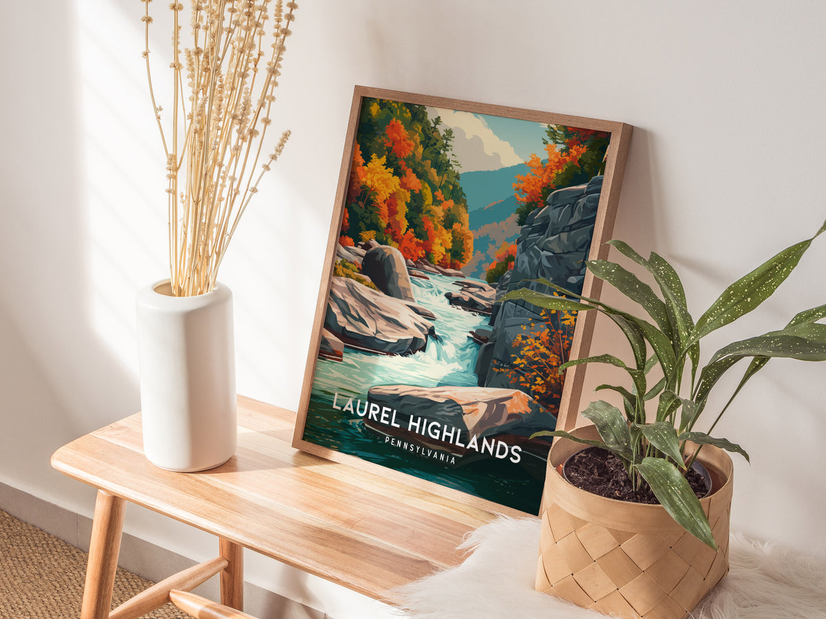 Laurel Highlands, Pennsylvania Poster | Mountain Forest Retreat Framed or Unframed Wall Art — styled in a modern interior
