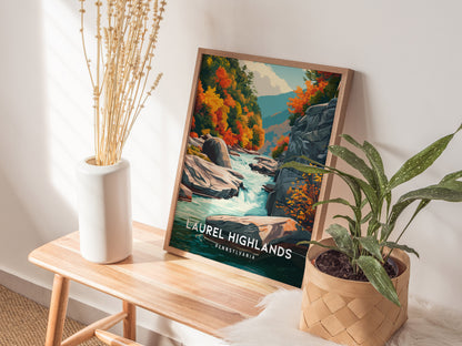 Laurel Highlands, Pennsylvania Poster | Mountain Forest Retreat Framed or Unframed Wall Art — styled in a modern interior