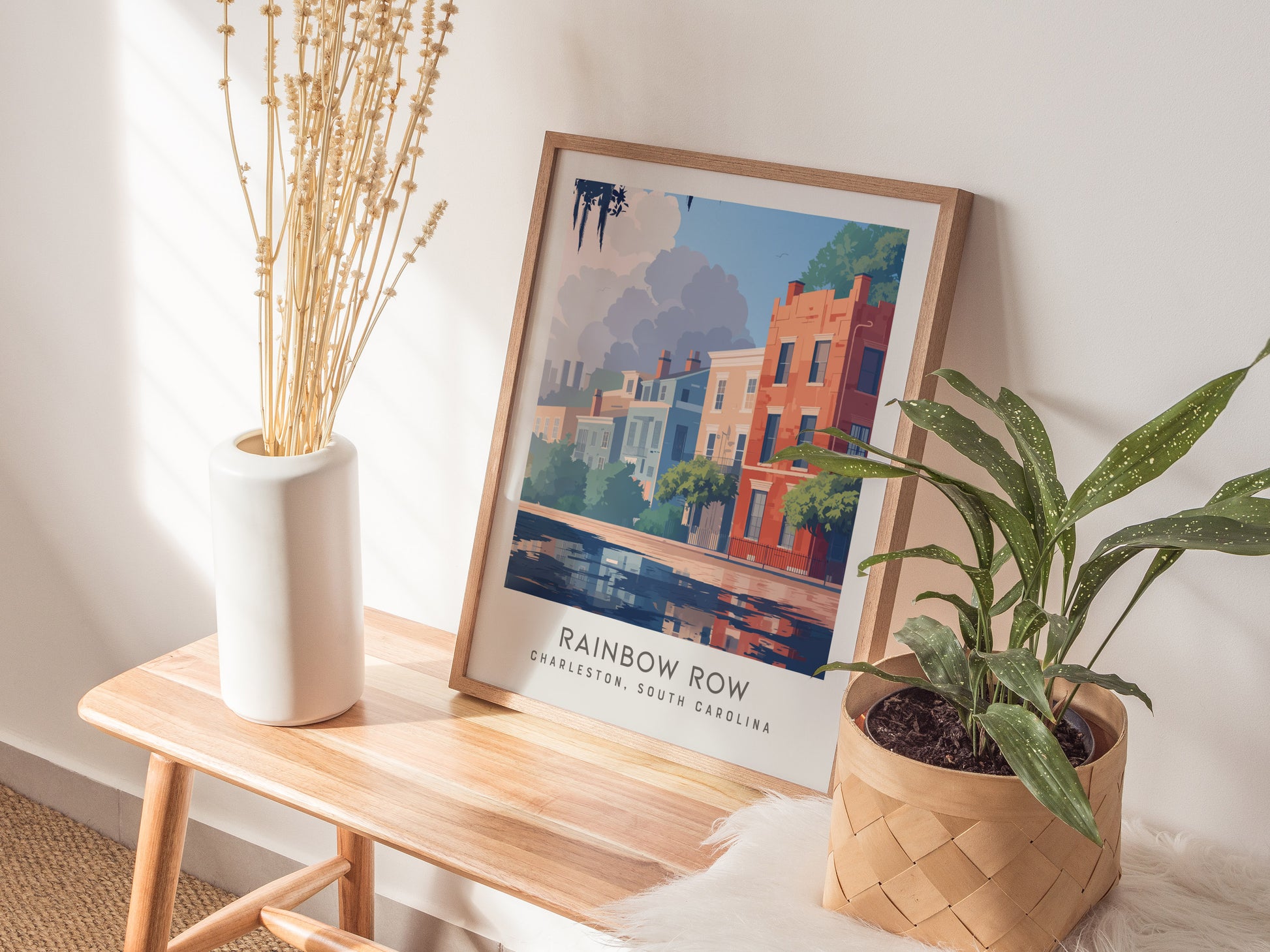 Rainbow Row Matte Border Poster | Charleston South Carolina Travel Wall Art — styled in a modern interior