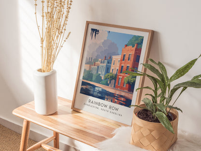 Rainbow Row Matte Border Poster | Charleston South Carolina Travel Wall Art — styled in a modern interior