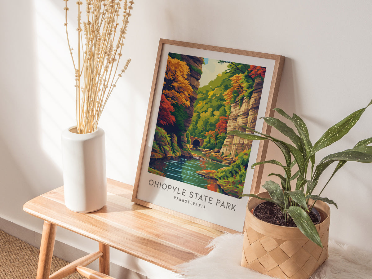 Ohiopyle State Park Matte Border Poster | Pennsylvania Destination Print Travel Wall Art — styled in a modern interior