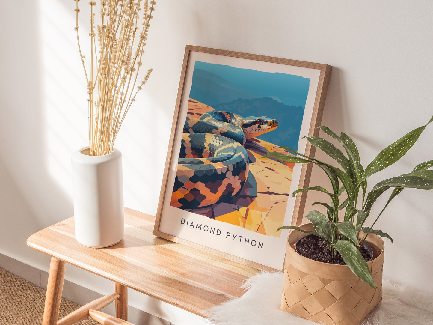 Diamond Python, Australia Poster | Serpent in the Sunlit Canopy Wall Art — styled in a modern interior